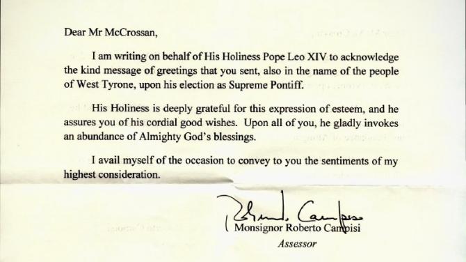 McCrossan honoured to receive Letter from Pope Leo XIV