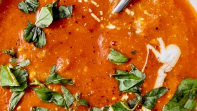 Tomato chargrilled red pepper and red lentil soup with a hint of Piri Piri