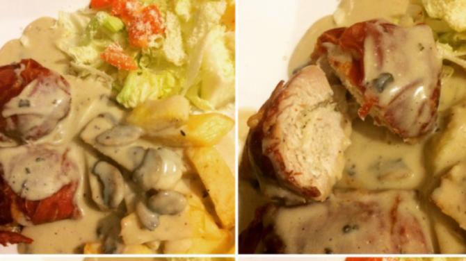 Turkey breast wrapped in Parma ham with sauce